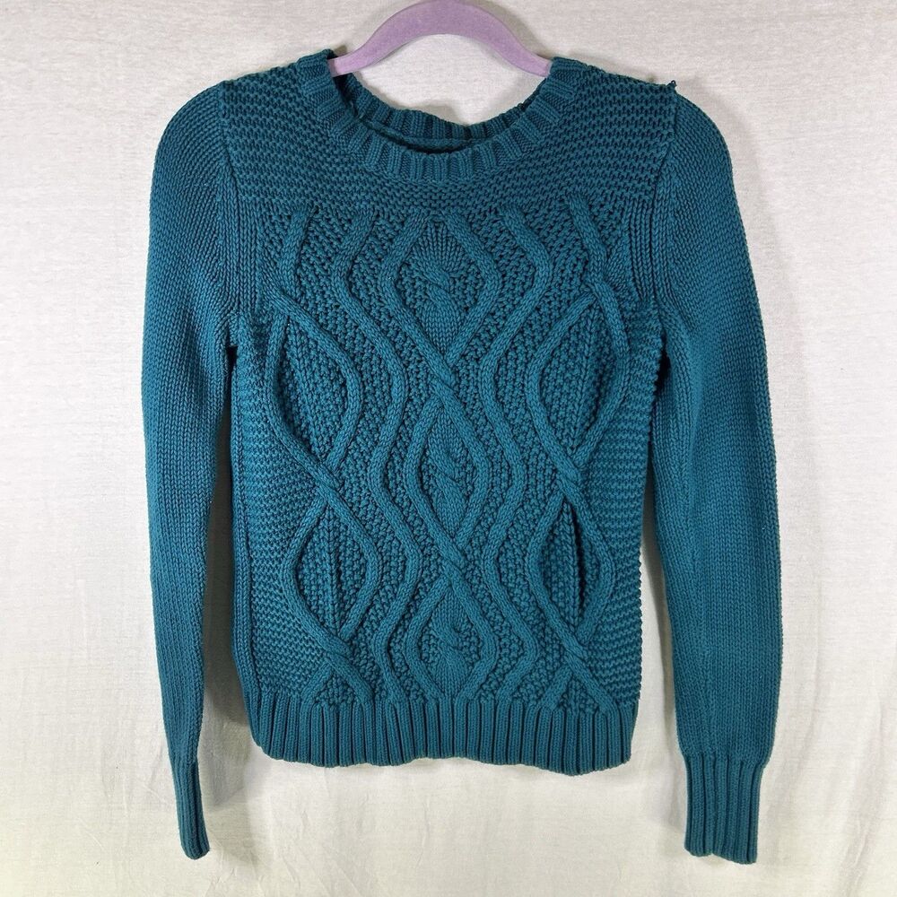 Lands‎ End Drifter Sweater Women’s XS Cable Chunky Knit Teal Green Crew Neck
